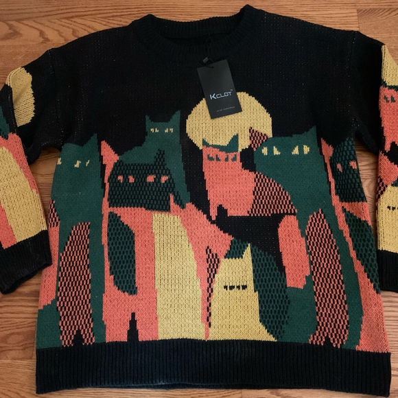 Women's NWT Black Orange Multi Cat Halloween Crew Neck Sweater Size Medium - Picture 4 of 9